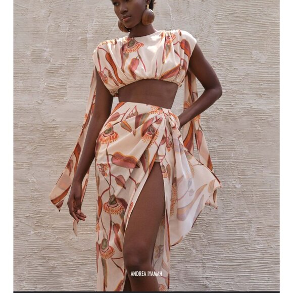 Andrea Iyamah Halima Cropped Top Rust and Cream Abstract Print Size‎ S - Picture 11 of 14